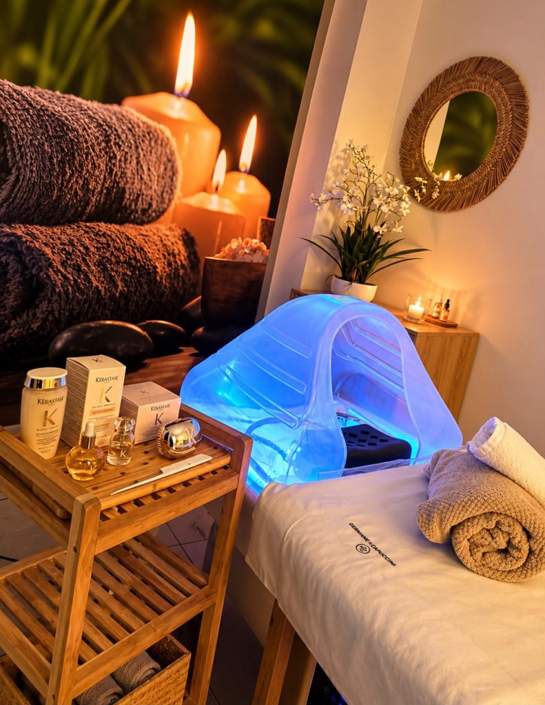 Máscara LED facial y velas en Glam Spa